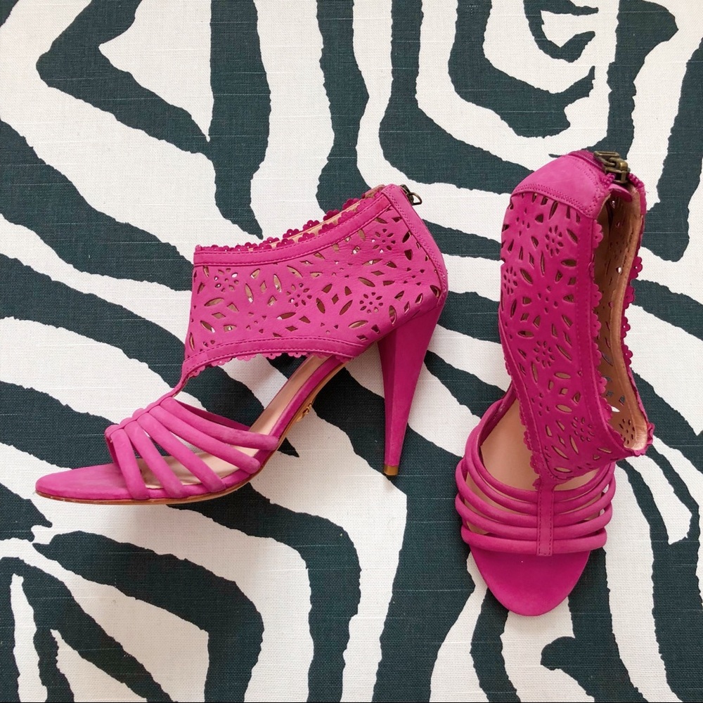 Pour La Victorie pink laser-cut cage heels
